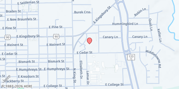 Map showing Seguin Works Transition Program & San Antonio Food Bank at 1221 E. Kingsbury St., Seguin, TX