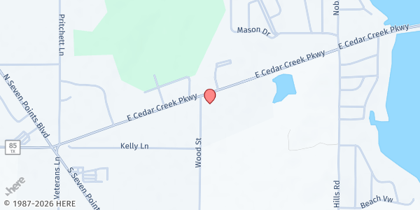 Map showing Lakeview Assembly of God at 501 E. Cedar Creek Parkway, Seven Points, TX