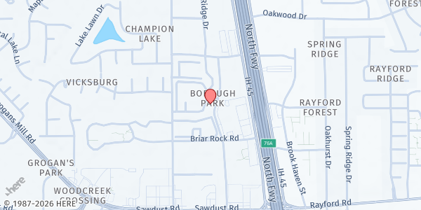 Map showing Mission Woods Apts. YMCA Distribution at 25469 Borough Park Dr., Spring, TX