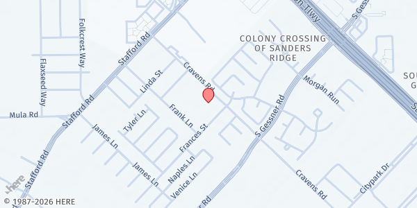 Map showing RCCG Dominion Chapel at 1203 Cravens Rd., Stafford, TX