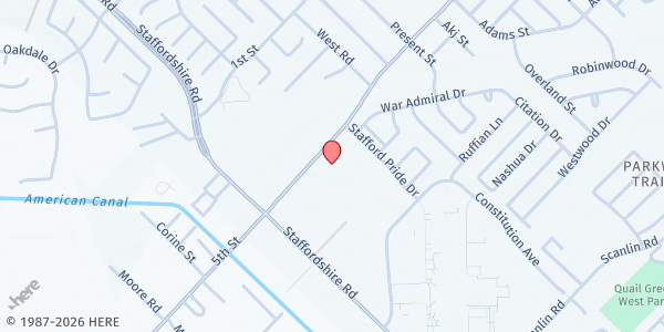 Map showing St. Thomas Indian Orthodox Church at 2411 5th St, Stafford, TX