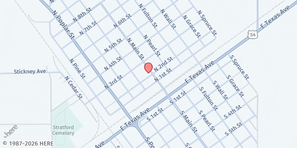 Map showing Lollipop Junction-Stratford Area Youth at 201 N Main, Stratford, TX