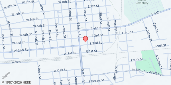 Map showing Shepherd's Heart Food Pantry and Community Ministries - Taylor at 121 E. 2nd Street, Taylor, TX