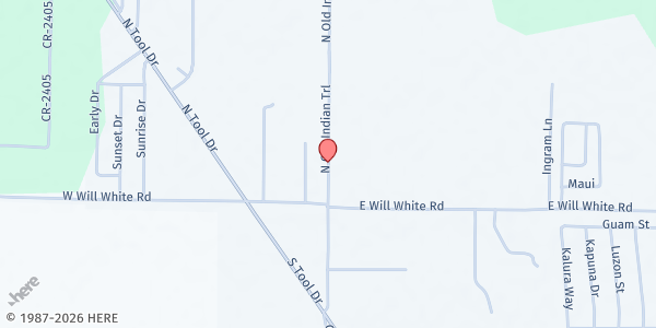 Map showing Community Food Pantry of Tool at 100 S. Old Indian Trail, Tool, TX