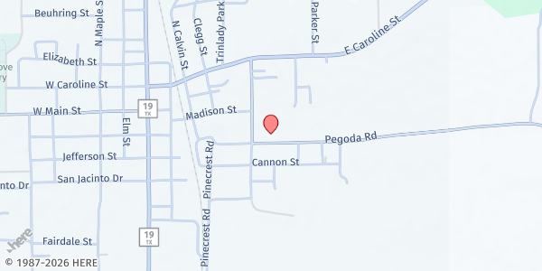 Map showing Burning Hope Baptist Church Soup Kitchen at 204 Pegoda Rd., Trinity, TX