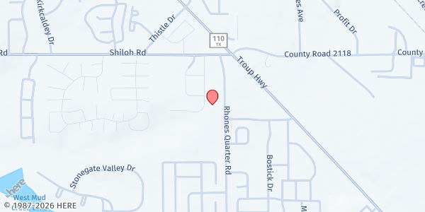 Map showing First Assembly of God Church at 5309 Rhones Quarter Rd., Tyler, TX