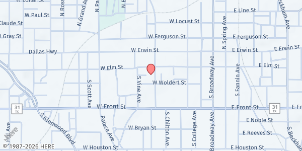 Map showing West Erwin Benevolence Center at 215 S. Bonner, Tyler, TX