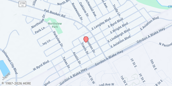 Map showing True Life Church at 202 W. Byrd Blvd., Universal City, TX