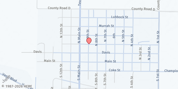 Map showing Vega Food Pantry/ UMC at 9th and Longhorn, Vega, TX