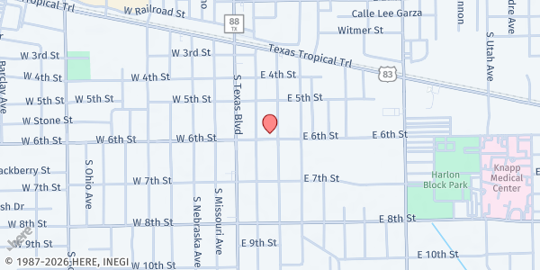 Map showing First United Methodist Church at 521 S. Illinois Ave., Weslaco, TX