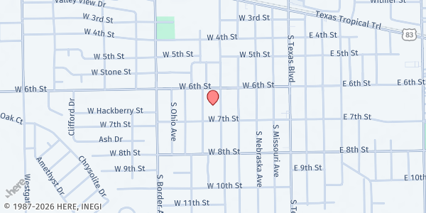 Map showing St. Pius X Catholic Church at 600 S. Oklahoma Ave., Weslaco, TX