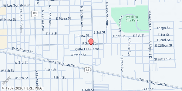 Map showing Weslaco SDA Church at 200 S. Bridge Avenue, Weslaco, TX