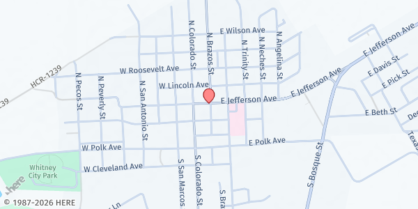 Map showing Lake Whitney Ministerial Alliance at 100 Sims Dr., Whitney, TX