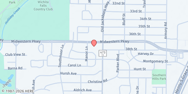 Map showing Big Brothers Big Sisters WF at 1501 Midwestern Pkwy Ste 100, Wichita Falls, TX