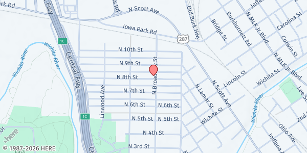 Map showing Crossroads Worship Center at 802 N Broadway St, Wichita Falls, TX