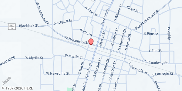 Map showing Winnsboro Community Resource Center and Food Pantry at 115 W. Broadway St., Winnsboro, TX
