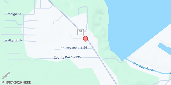 Map showing Lakeside Apostolic Church at 4712 FM 92 S., Woodville, TX