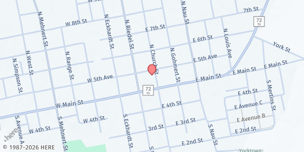 Map showing Yorktown Assistance Ministry at 123 N Church St, Yorktown, TX