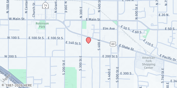 Map showing Calvary Mountain View Church at 340 E State St, American Fork, UT
