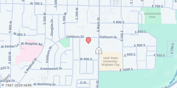 Map showing Box Elder Mobile Pantry at 105 Fishburn Dr., Brigham City, UT