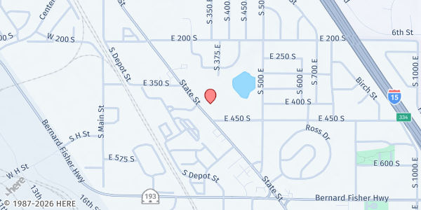 Map showing Asamblea Apostólica at 389 S State St., Clearfield, UT