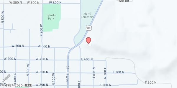 Map showing Manti Utah Temple at 200 East 510 North, Manti, UT