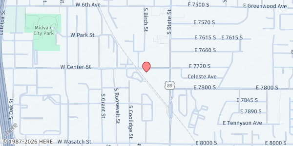 Map showing Midvale Community Building Community at 49 W Center St, Midvale, UT