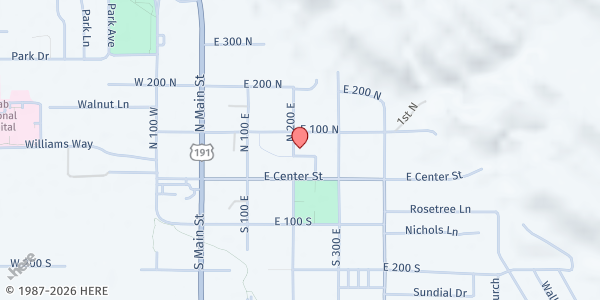 Map showing Grand County Food Bank at 56 N 200 E, Moab, UT
