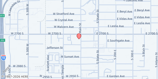 Map showing Burton Mobile Pantry - LDS Parking Lot at 2702 S Main St., South Salt Lake, UT