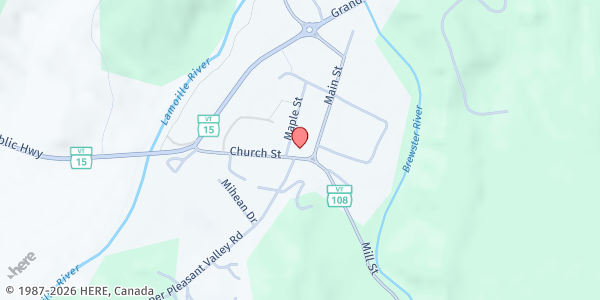 Map showing Cambridge Community Food Shelf at 16 Church Street, Jeffersonville, VT