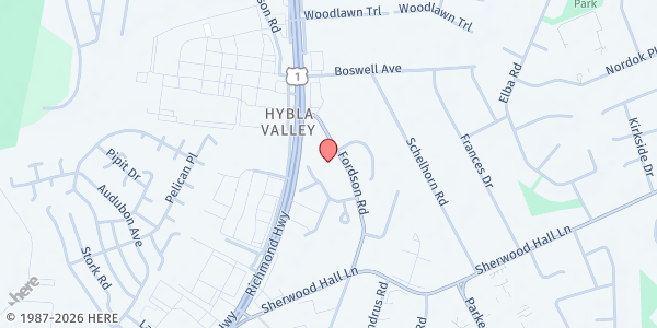 Map showing Woodlawn United Methodist Church at 7730 Fordson Road, Alexandria, VA