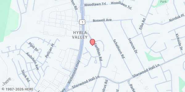 Map showing Woodlawn United Methodist Church at 7730 Fordson Road, Alexandria, VA
