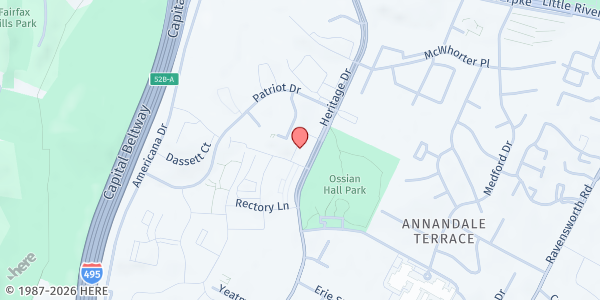 Map showing Annandale United Methodist Church Mission Center at 7901 Heritage Drive, Annandale, VA