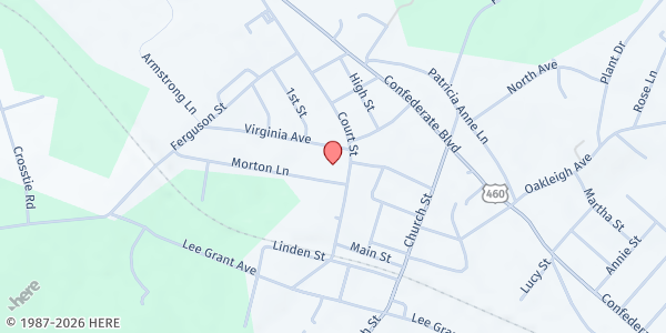 Map showing Memorial Methodist Church at 403 Court St, Appomattox, VA