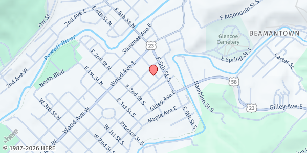 Map showing SAMS Community Center & Mountain Movement Hub at 113 E 4th St S, Big Stone Gap, VA