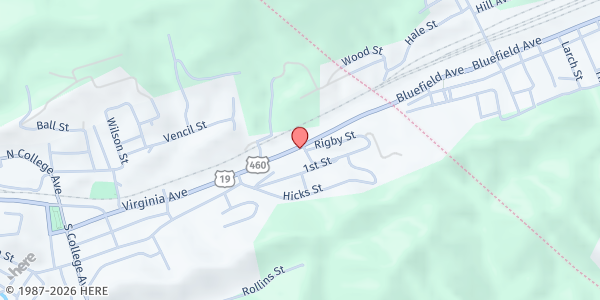 Map showing Bluefield Faith Assembly Food Pantry at 100 Square St., Bluefield, VA