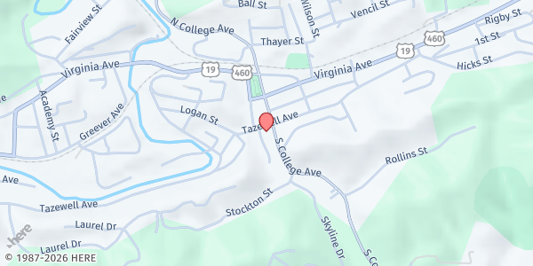 Map showing First United Methodist Church at 200 S College Ave, Bluefield, VA