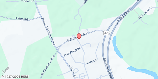 Map showing Glory Outreach at 144 E. Broaddus Ave., Bowling Green, VA