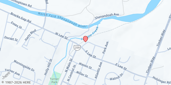 Map showing Broadway Presbyterian Church at 107 E Lee St, Broadway, VA