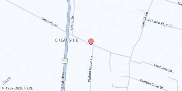 Map showing Capeville United Methodist Church at 4410 Capeville Dr, Cape Charles, VA