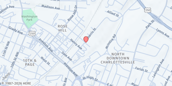 Map showing Emergency Food Network - Charlottesville at 900 Harris Street, Charlottesville, VA