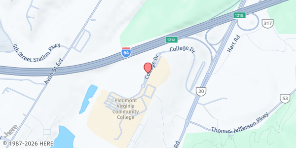 Map showing Piedmont Virginia Community College Panther Pantry at 501 College Drive, Charlottesville, VA