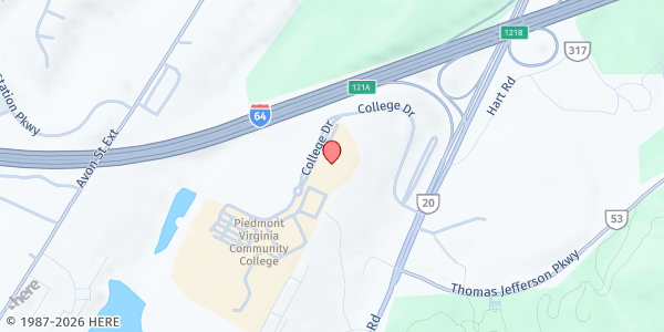 Map showing Piedmont Virginia Community College (PVCC) Panther Pantry at 501 College Drive, Charlottesville, VA