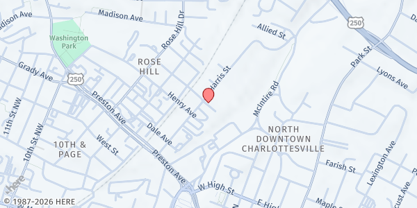 Map showing The Emergency Food Network - Food Distribution Center at 900 Harris St, Charlottesville, VA