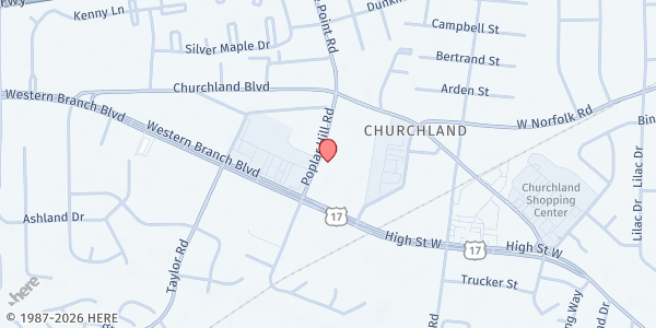 Map showing Bethel Worship Center at 3927 Poplar Hill Rd., Chesapeake, VA