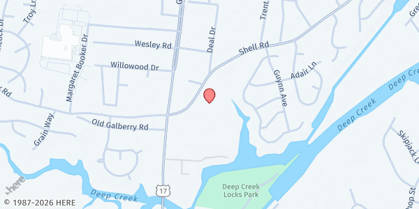 Map showing New Life Church- Deep Creek Campus at 423 Shell Rd, Chesapeake, VA