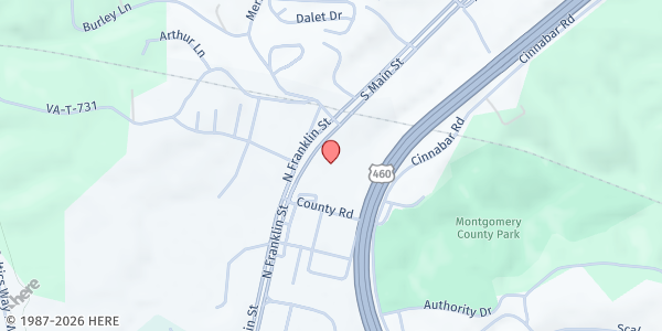 Map showing Dwelling Place Christian Fellowship at 3325 N. Franklin Rd, Christiansburg, VA