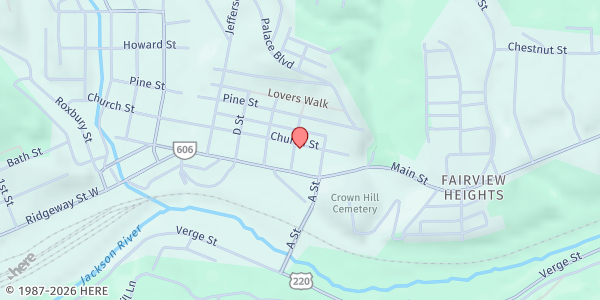 Map showing Clifton Forge Area Food Pantry at 909 Church St, Clifton Forge, VA