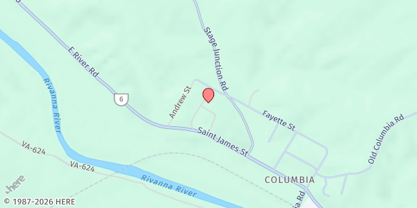 Map showing Columbia Baptist Church at 116 Rivanna Rd., Columbia, VA