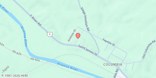 Map showing Columbia Mobile Food Pantry at Columbia Baptist Church, 191 Rivanna Street, Columbia, VA